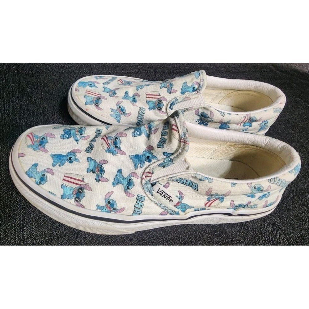 Disney Vans Custom Slip-On Shoes Stitch Ohana‎ Print White/Blue Kids Size 2 Lilo